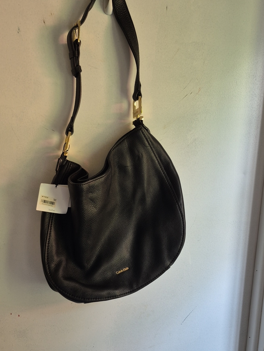 Calvin Klein Black Pebbled Leather Shoulder Hobo with Gold Hardware